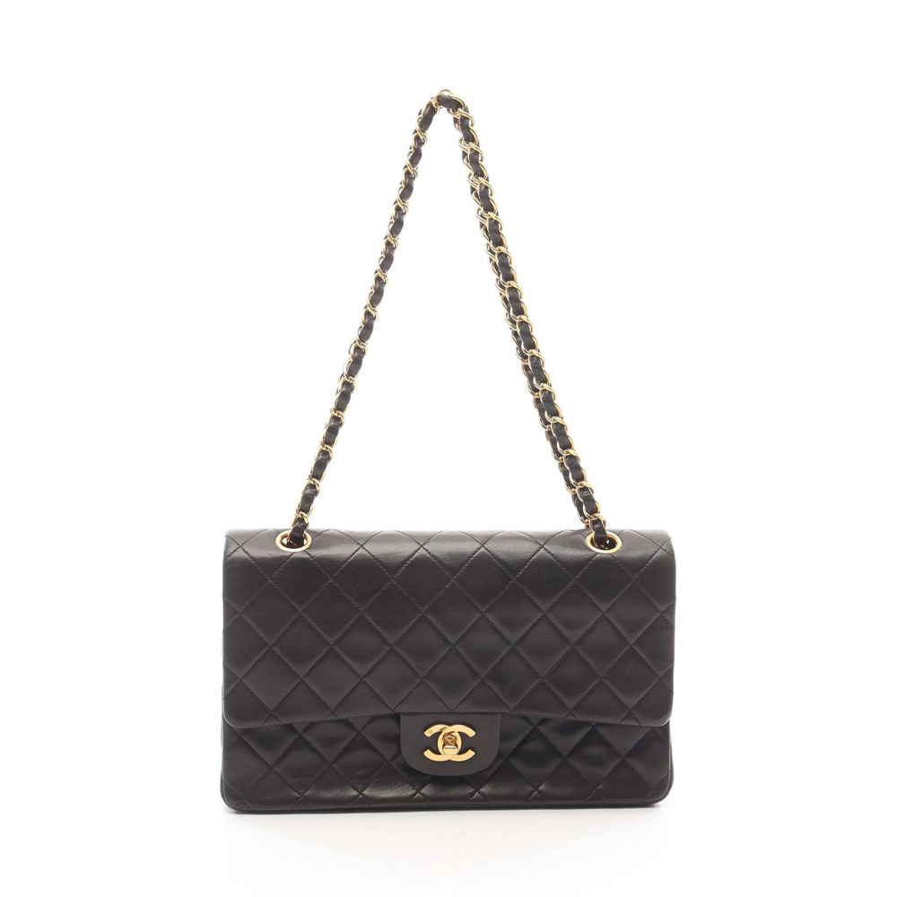 Chanel Matelasse Double Flap Shoulder Bag Lambskin Sheepskin Black